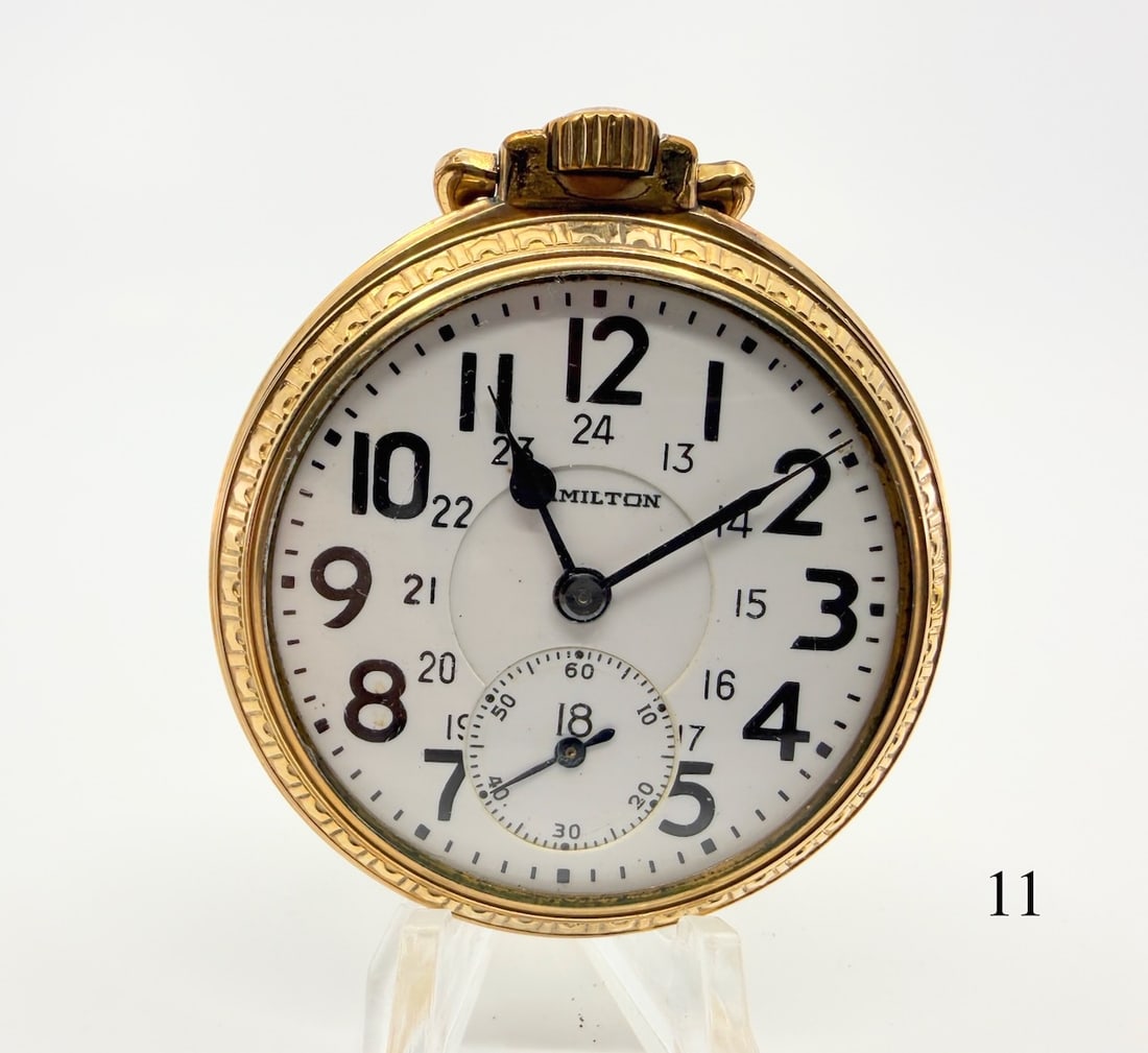 Hamilton 992B Pocket Watch: 16s L.S., , 21j, adj. temp and 6pos, D.S. dial, 24hr., no. C262095, case no. 4907650. c1948