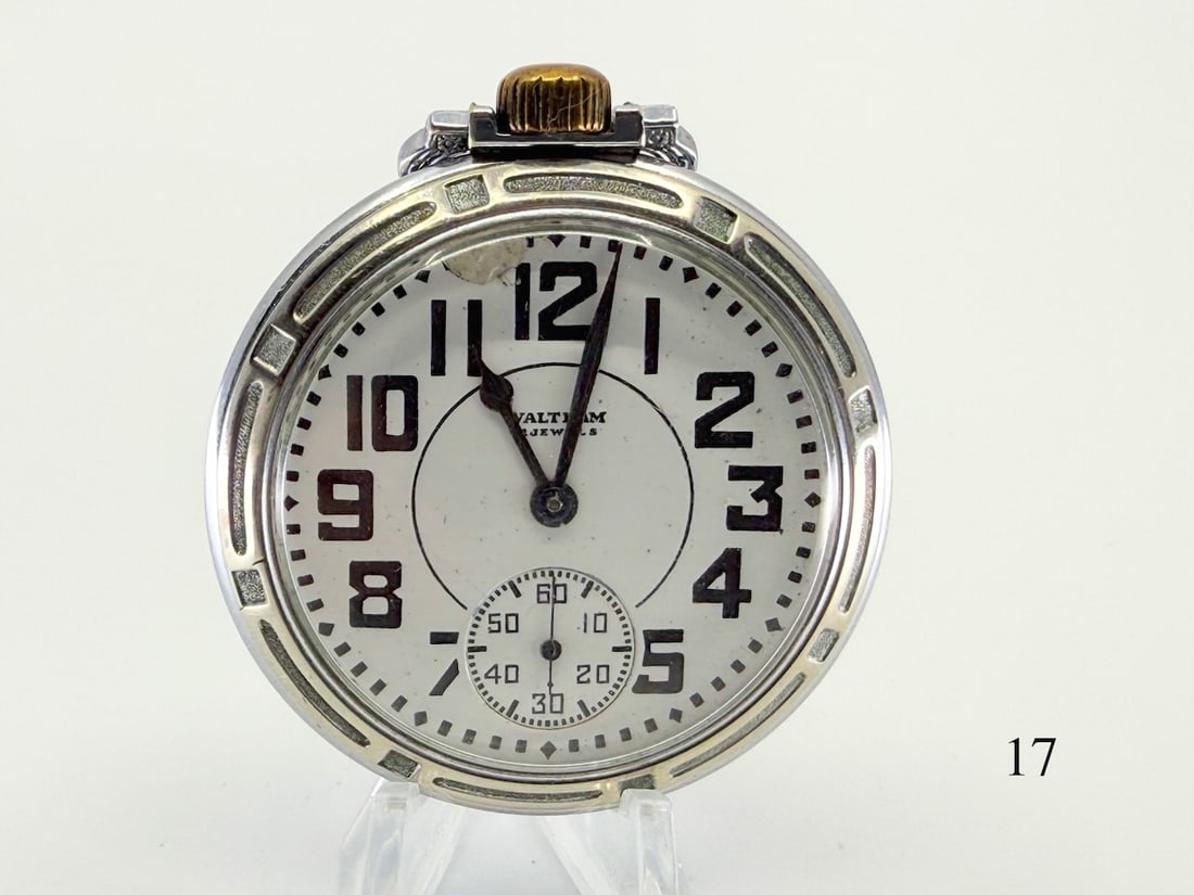 Waltham "Riverside" Pocket Watch: 16s, 21j, O.F.,L.S. RR, no. 29482705, case no. 0967840. some damage to dial., c1937