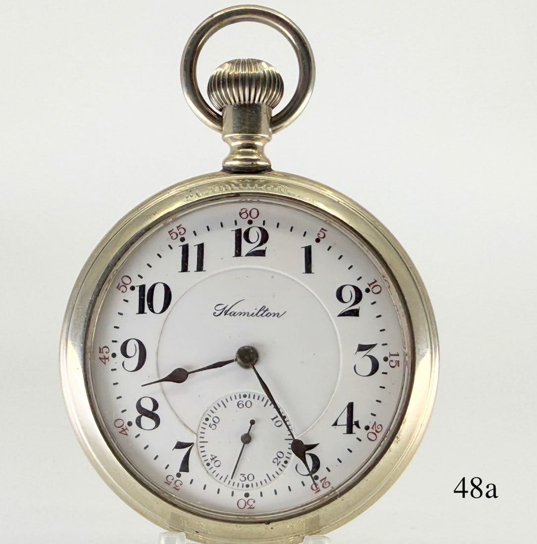 Hamilton 974 Pocket Watch: Salesman case, 16s, 17j, D.S.dial, S.R. adj., no. 817357, c1910