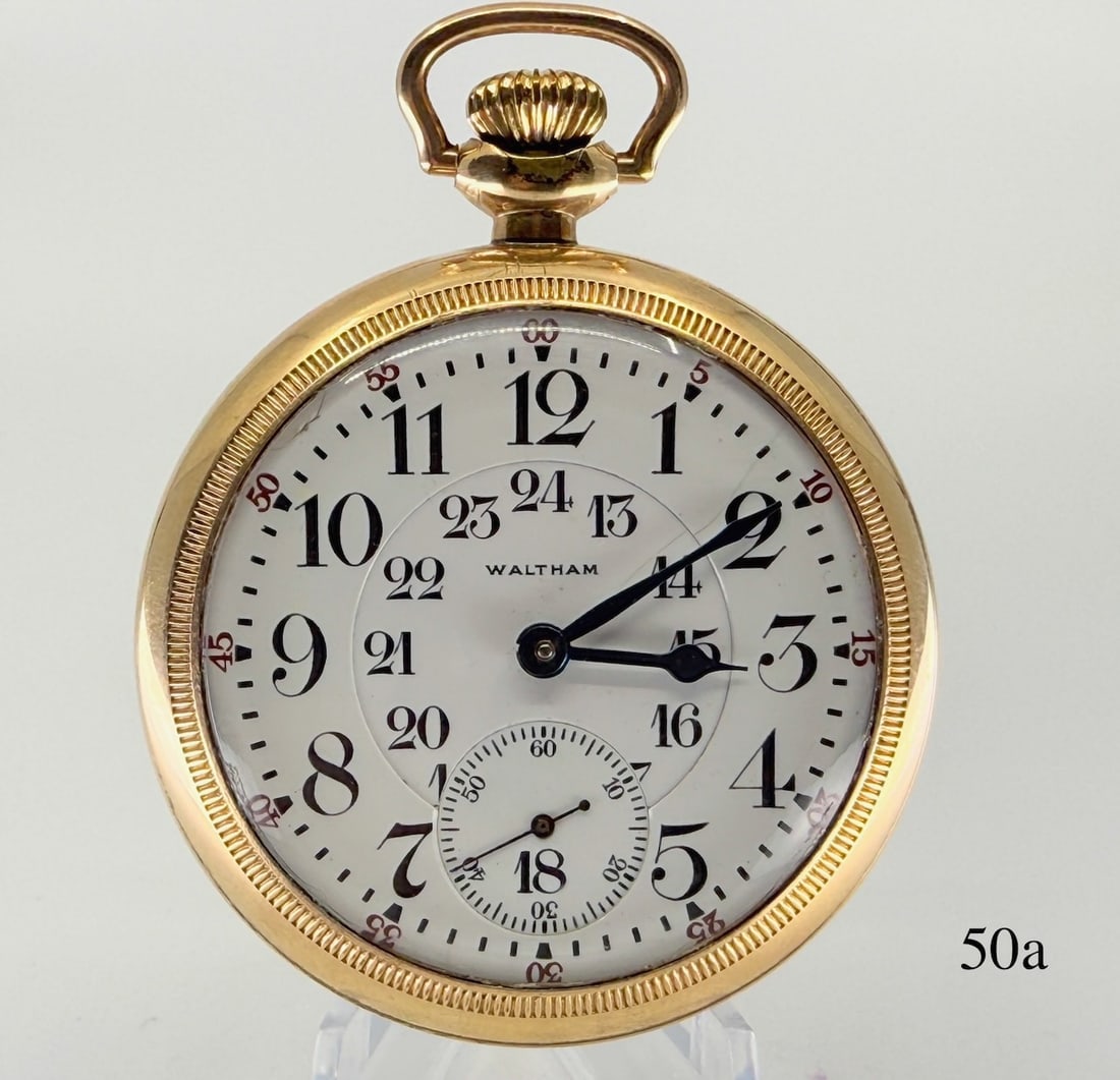 Waltham Pocket Watch: Crescent Street, 18s, 21j, model 1892, adj. 5 pos., D.S. dial, 24hr., military dial, no. 16004223, case no.9784248. c1907