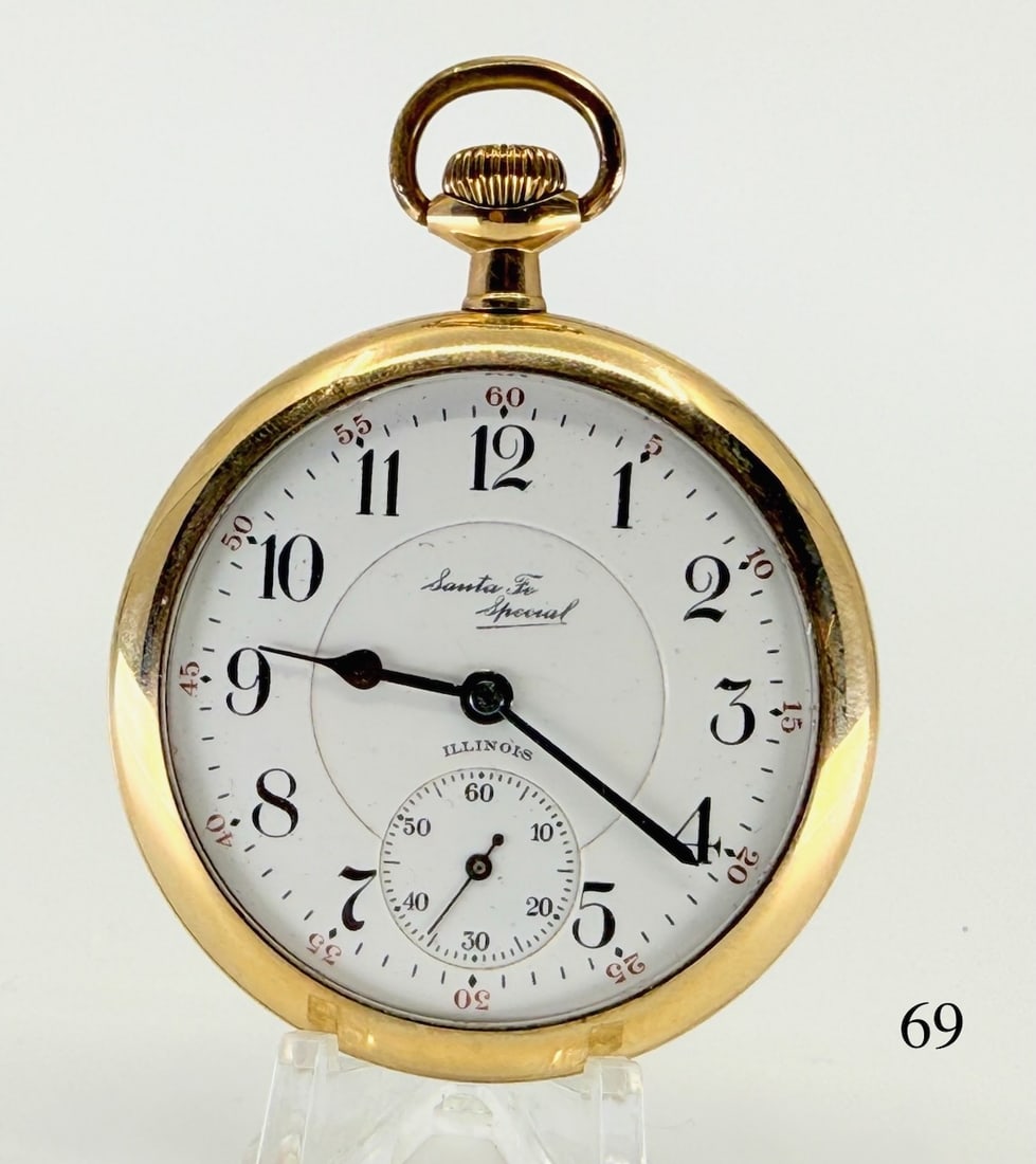 Illinois "Santa Fe Special" Pocket Watch: 16s, 21j, adj. temp & pos., no.3830011, case no. 6268140, triple signed dial case movement "Special".