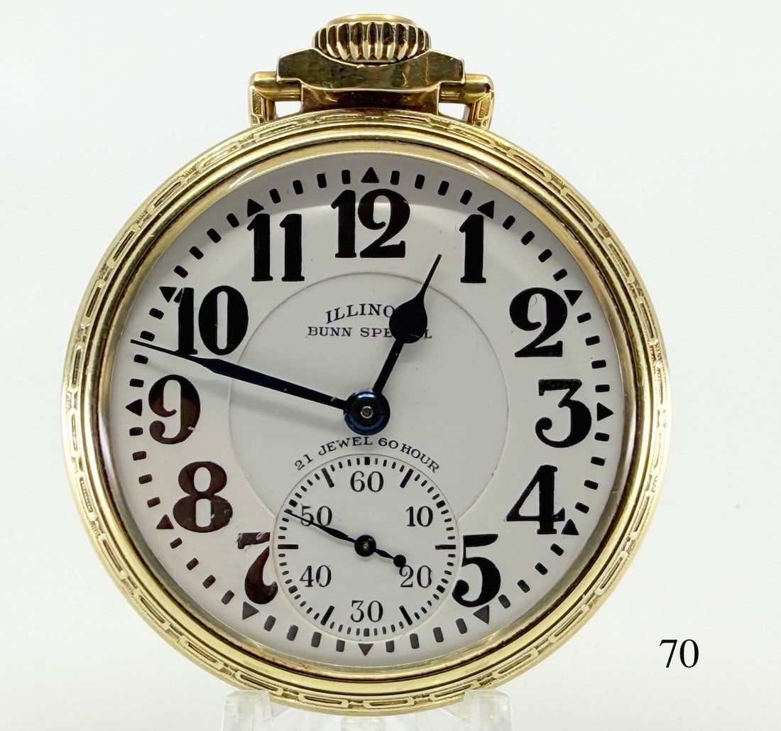 Illinois "Bunn Special" 60Hr Pocket Watch: 16s,21j, d.s. dial, RR grade, adj. & temp. 6 pos., no. 5170703, Bunn special case no. 9467840 14k gold filled. Cracked crystal. Total Weight 96.9g