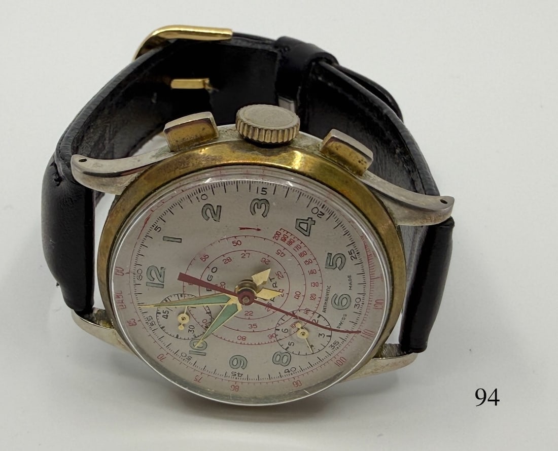Rego Chronograph Wristwatch: Anti-magnetic, Mechanical, two register.