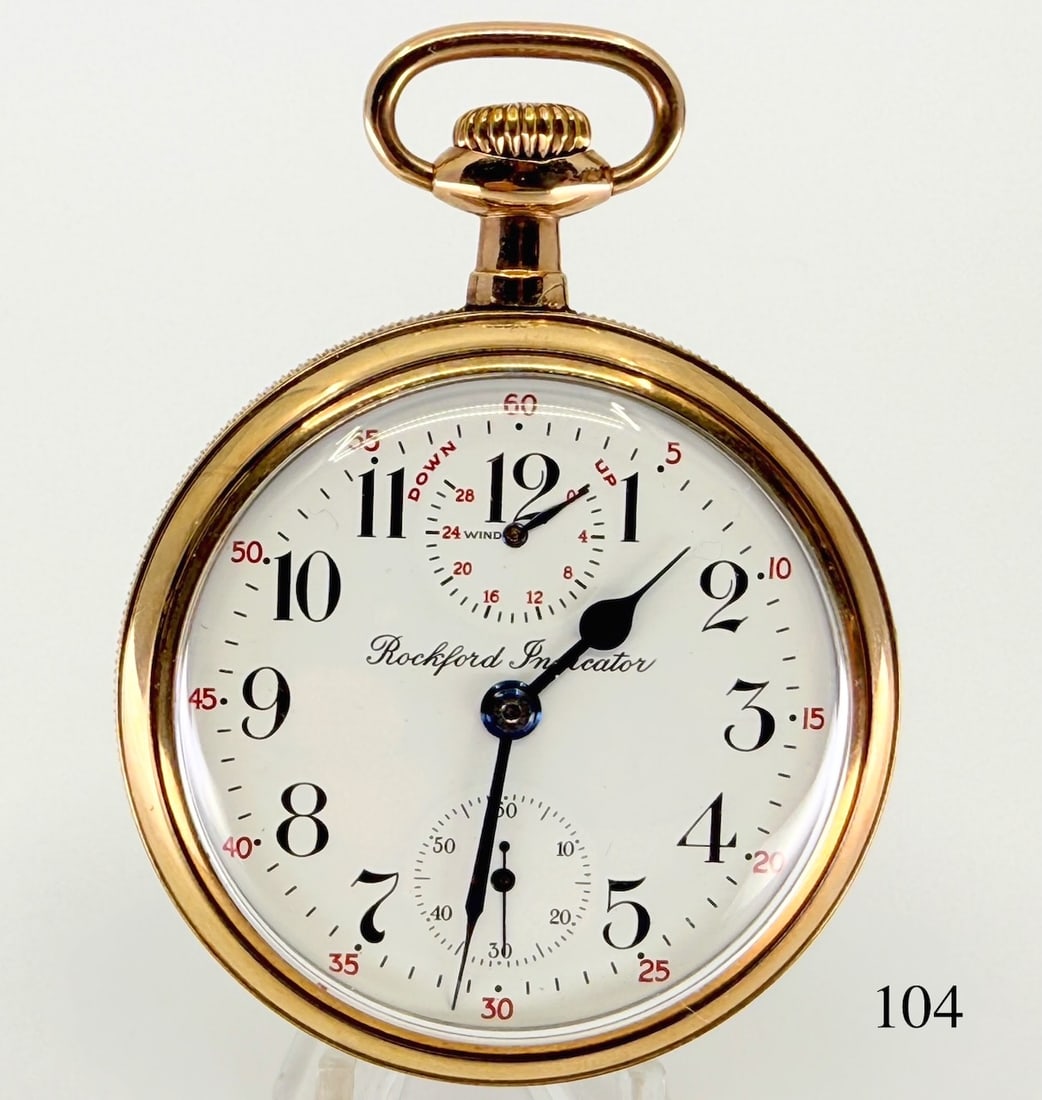 Rockford 655 Pocket Watch: 16s, 21j adj. wind indicator, L.S. "up down", no. 830018, Wadswoth case no. 3319910. Rare