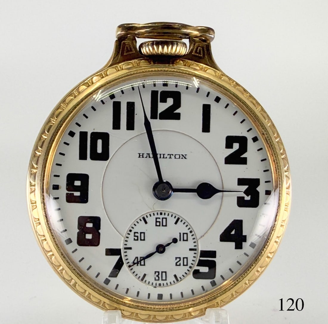 Hamilton 992 Pocket Watch: 16s, 21j, D.S. dial, L.S., adj. 5 pos. E. Wlinvar RR no. 2641402, bar over crown. Case. No. H297805.