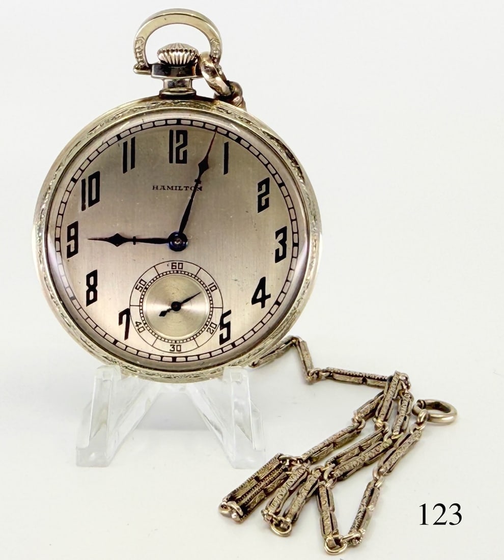 Hamilton 922 Pocket Watch: 12s, 23j gjs, adj 5 pos., marked case, original box. no. 3002295 case no. 737341, c1937