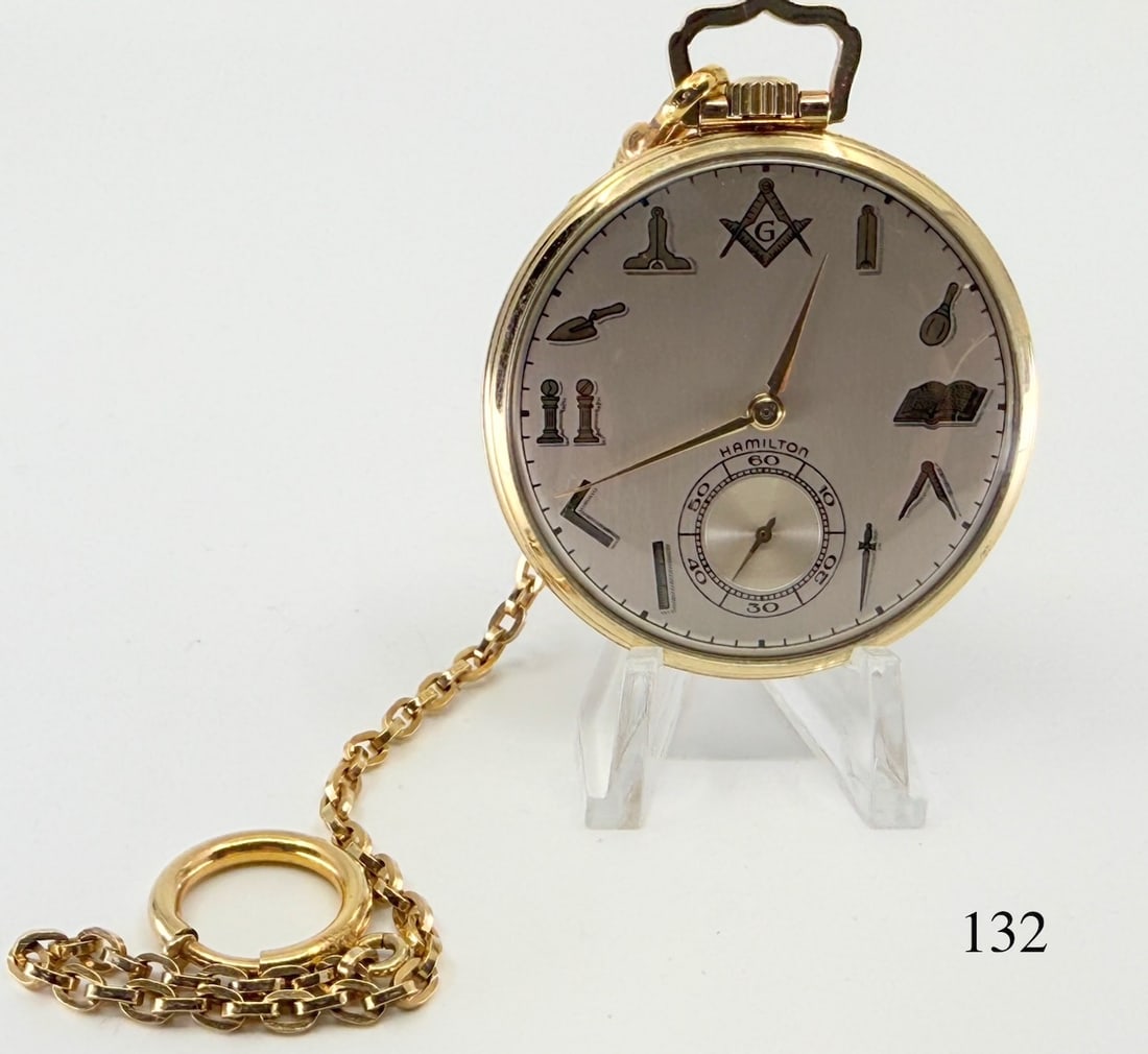 Hamilton 945 Pocket Watch: "Masonic" 16s, 23j, adj. 5 pos, no. R160331 , Hamilton case 1 star 10k gold filled. Includes chain. Total Weight with chain 63.6g
