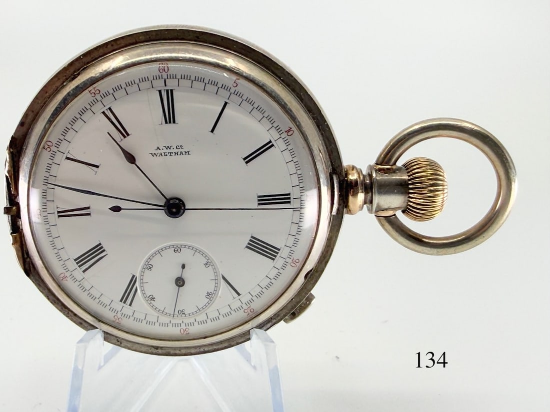 Waltham Chronograph Pocket Watch: 14s,model 1874, no. 2718750, missing front cover, case no.1487