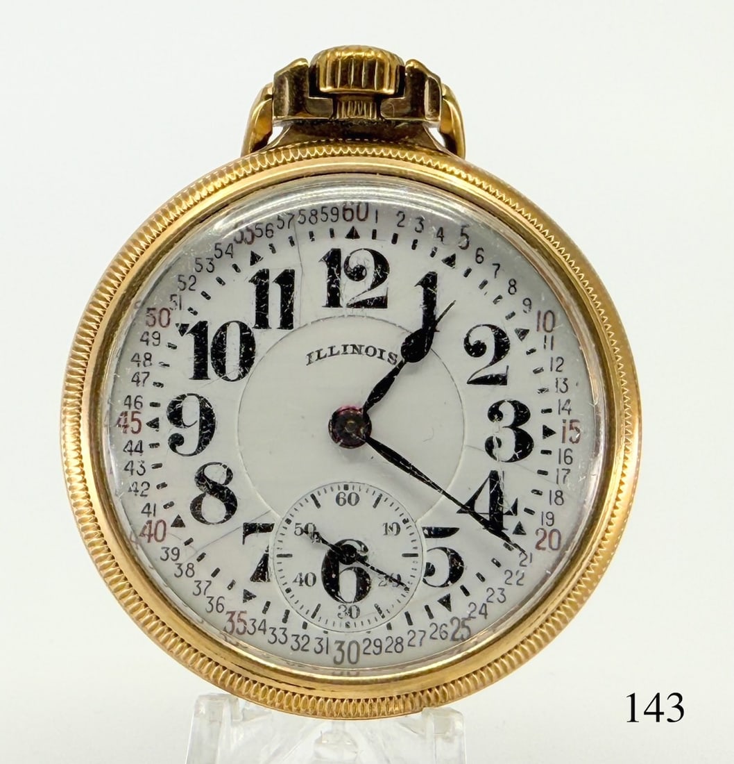 Illinois "Bunn Special" 60Hr Pocket Watch: 16s, 21j, RR case, ,Montgomery dial, l.s., adj. temp 6 pos., no. 502864, case no 9881181 10k gold filled, c1927 last yr. Total Weight 98.1g