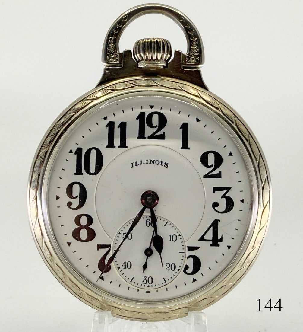 Illinois "Bunn Special" 60Hr Pocket Watch: 16s, 21j, RR case, adj. temp. 6 pos., motor barrel, D.S. dial. no. 4998736, case no. 7775399. c1926