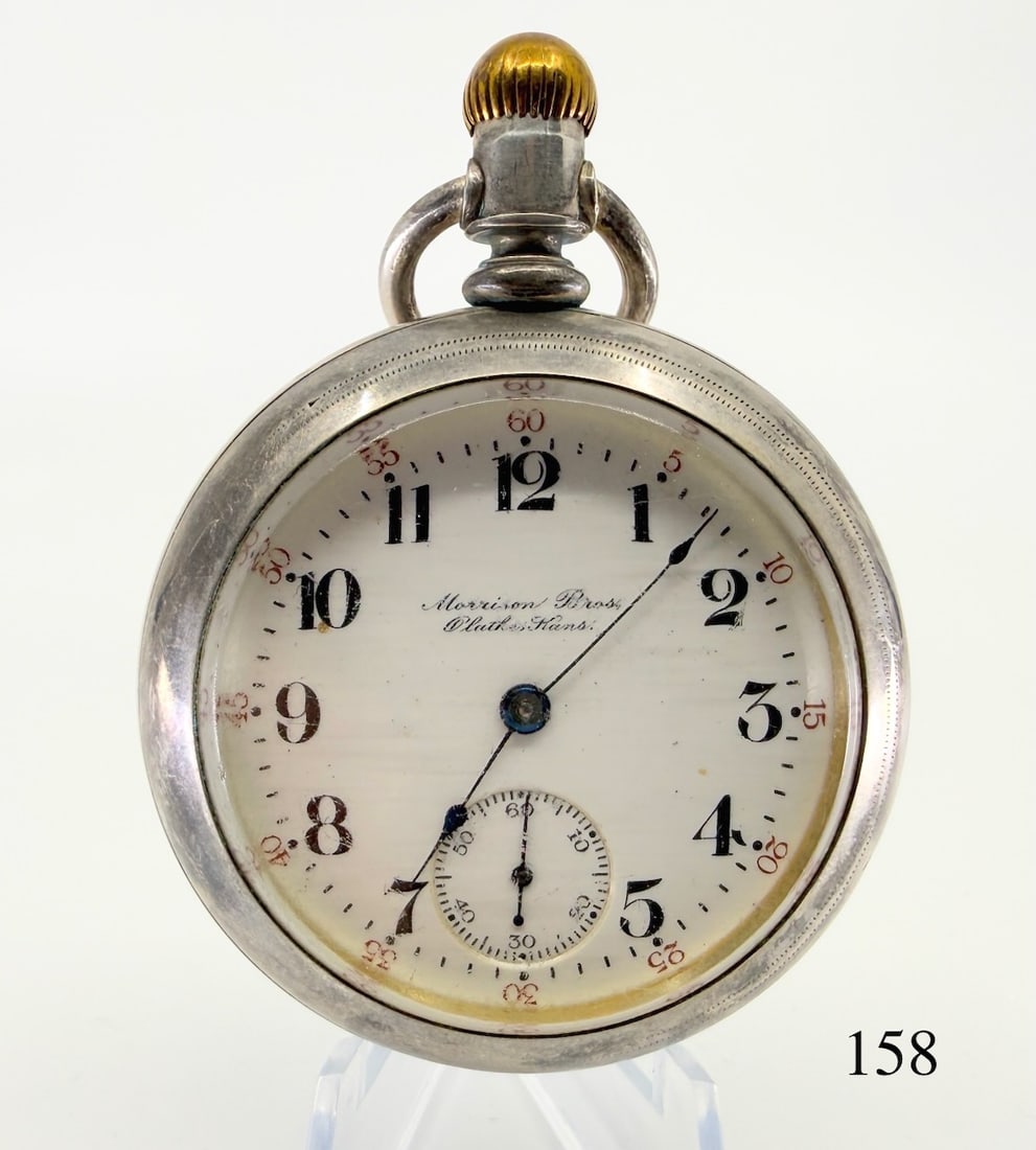 Hamilton 998 Pocket Watch: 17j, no. 649485, Private label- Morrison Bros., Plathe, Kans., nees crown screw. Coin silver case no. 844