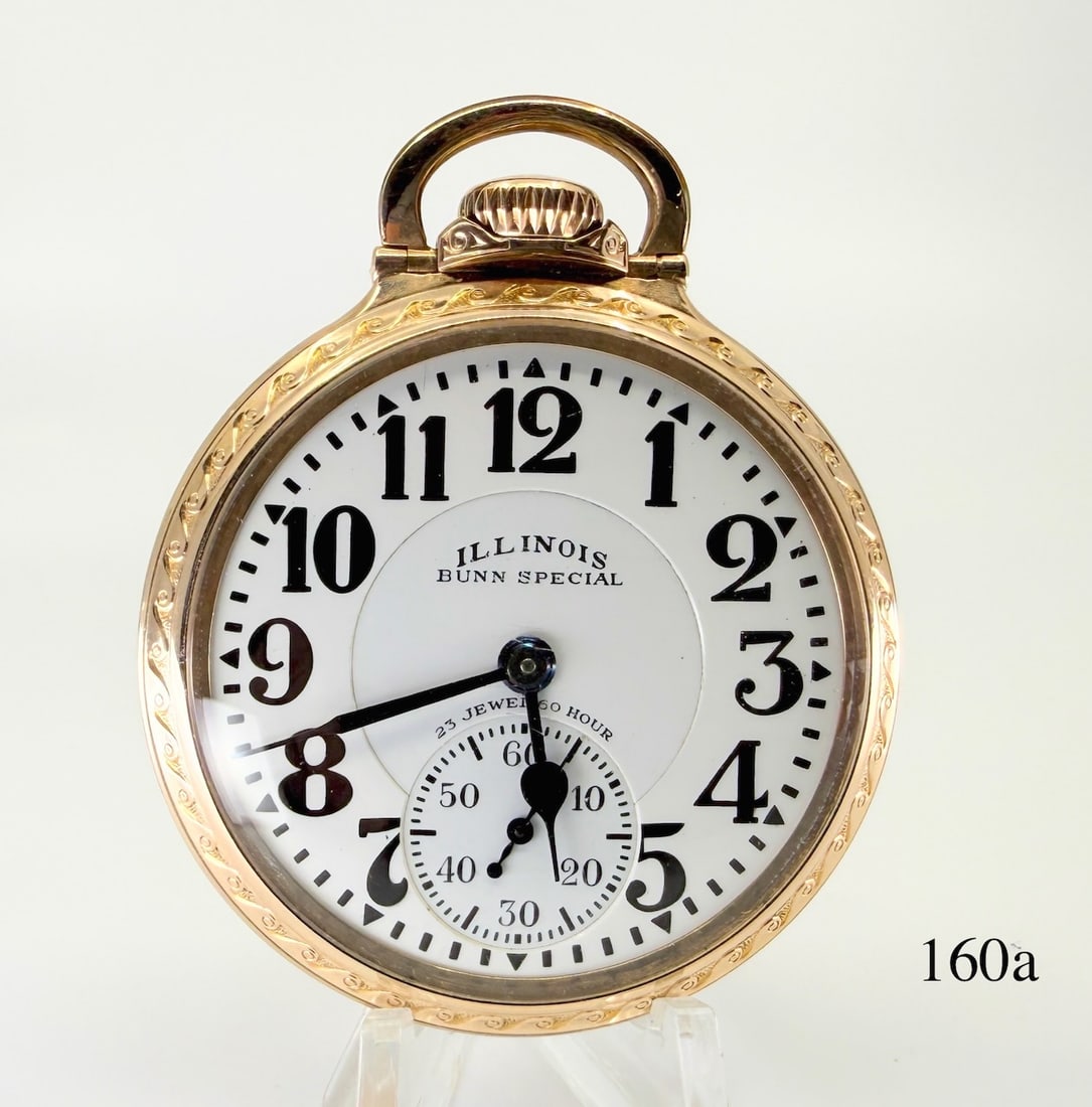 Illinois "Bunn Special" 60Hr Pocket Watch: 16s, 23j, (on dial), adj. temp 6 pos., no. 5218551, Bunn special case model 29, no. 8244514.