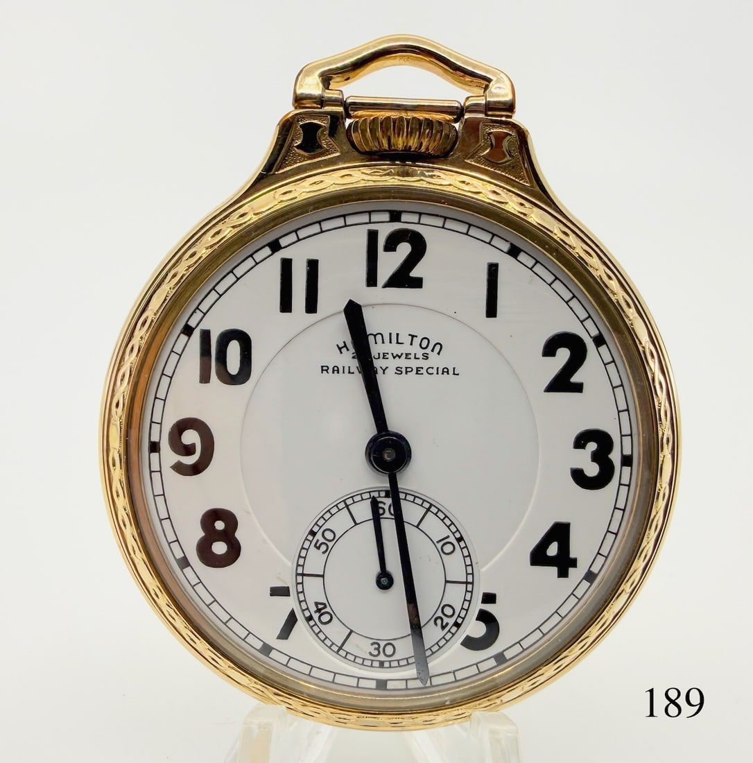 Hamilton Railway Special Pocket Watch: 950B, 16s, 23j, adj. temp & 6 Pos., no. S18048, bar over crown, marked case no. R858251, 10k gold filled. Total Weight 97.5g