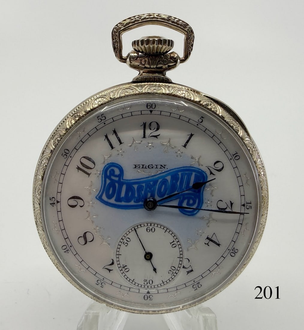 Elgin Pocket Watch: 15j, 12s, no. 19940638, D.R., case no. 5436127 14k gold filled, Oldsmobile Dealer c1916. Total Weight 56.4g