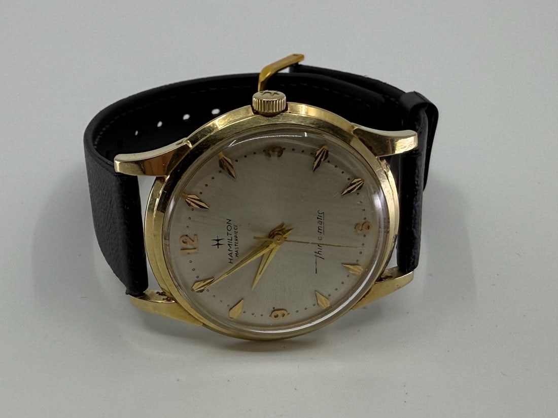 Hamilton Thin-o-matic Wristwatch: 14k, engraved 25 years Aro Dec. 12, 1966, Raymond Platt. Total Weight with band 31.5g
