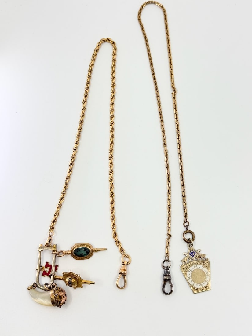 2 Pocket Watch chains: (1) Masons 15" chain, (1) 4 charms(green stone charm 10k ) 13" chain. C1900s