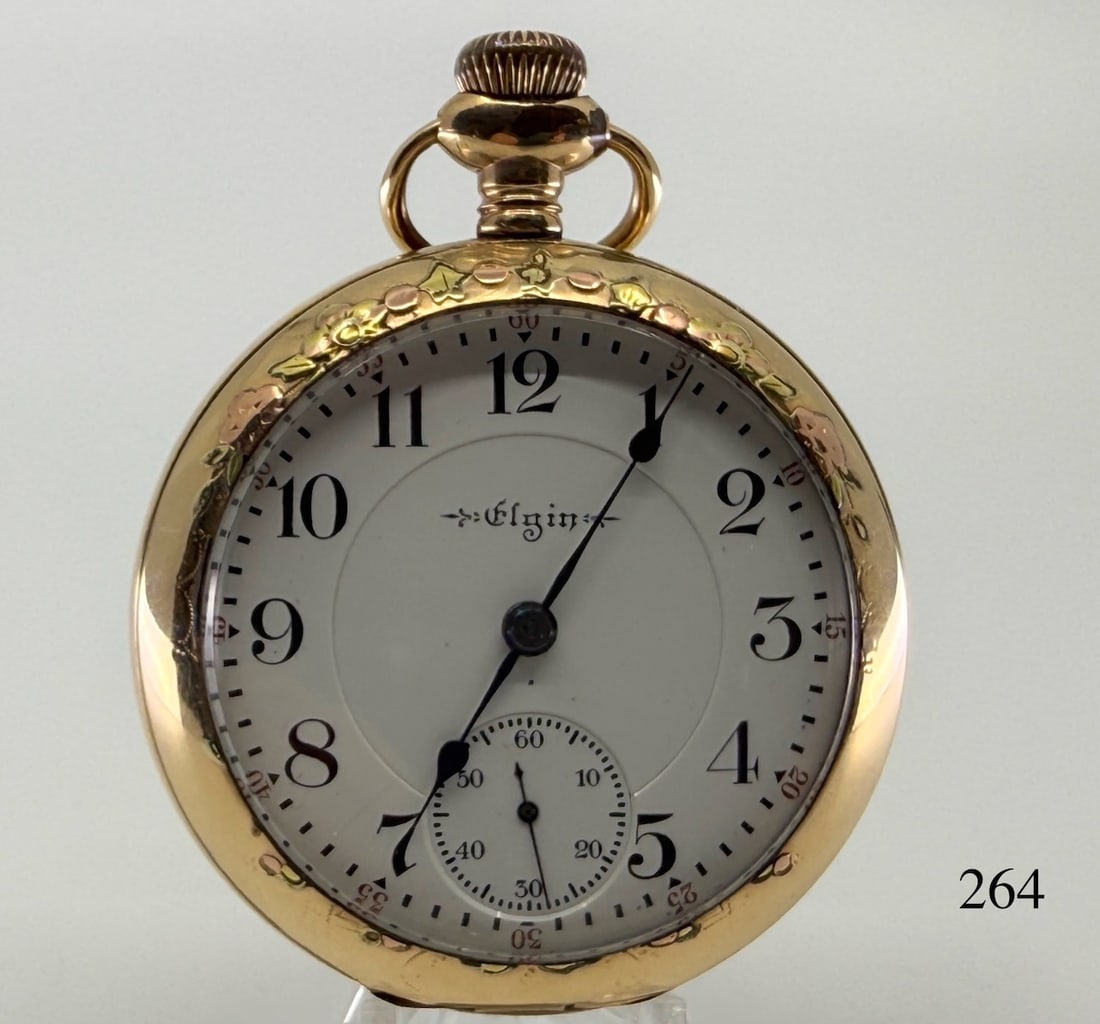 Elgin "Father Time" Pocket Watch: O.F. , 18d, 21j, adj., L.S., D.S., beveled glass crystal, no. 9787329, multi-colored case no. 7066499, G.F., c.1902