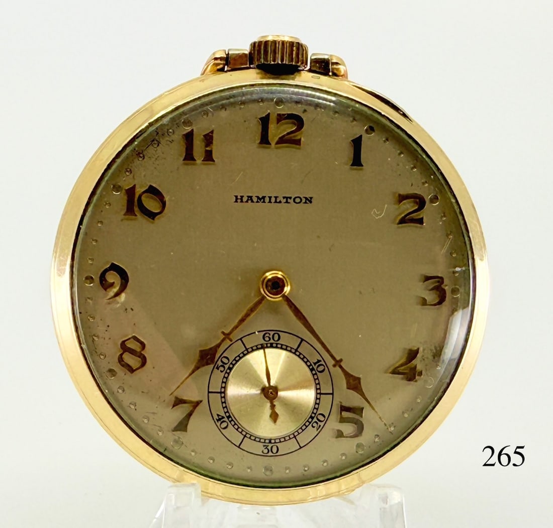 Hamilton 400 Pocket Watch: 12s, 21j, Tycoon series, adj., no.H228, engraved Frigidaire sales leader 1936, case no. H009528, 14k gold filled. 46.7g