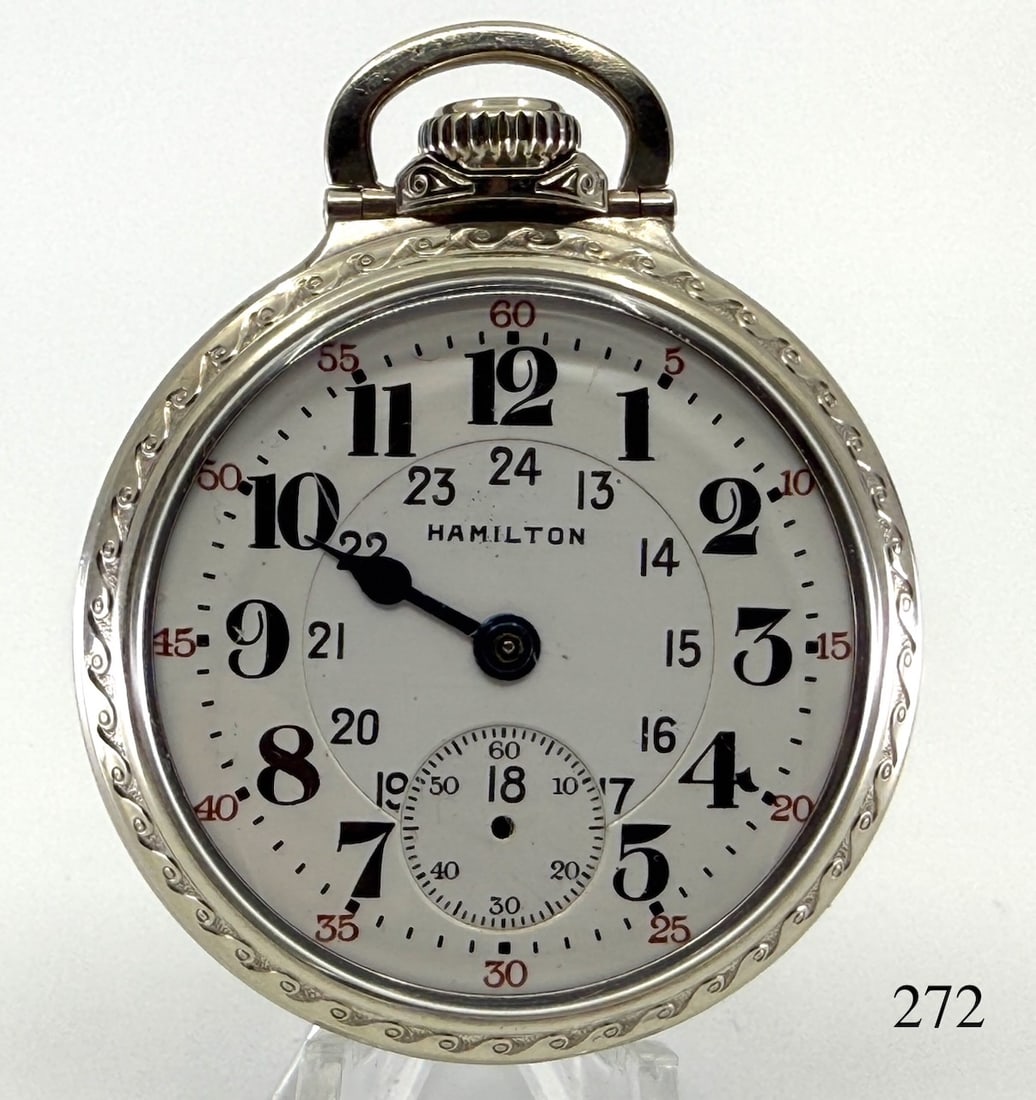 Hamilton 966 Pocket Watch: 16s, 19j, ad, 5 pos., D.R., D.S., M.B., no. 1283889, Bunn special model 29 case 14k G.F., no. 8492424, back engraved. Total Weight 99.6g