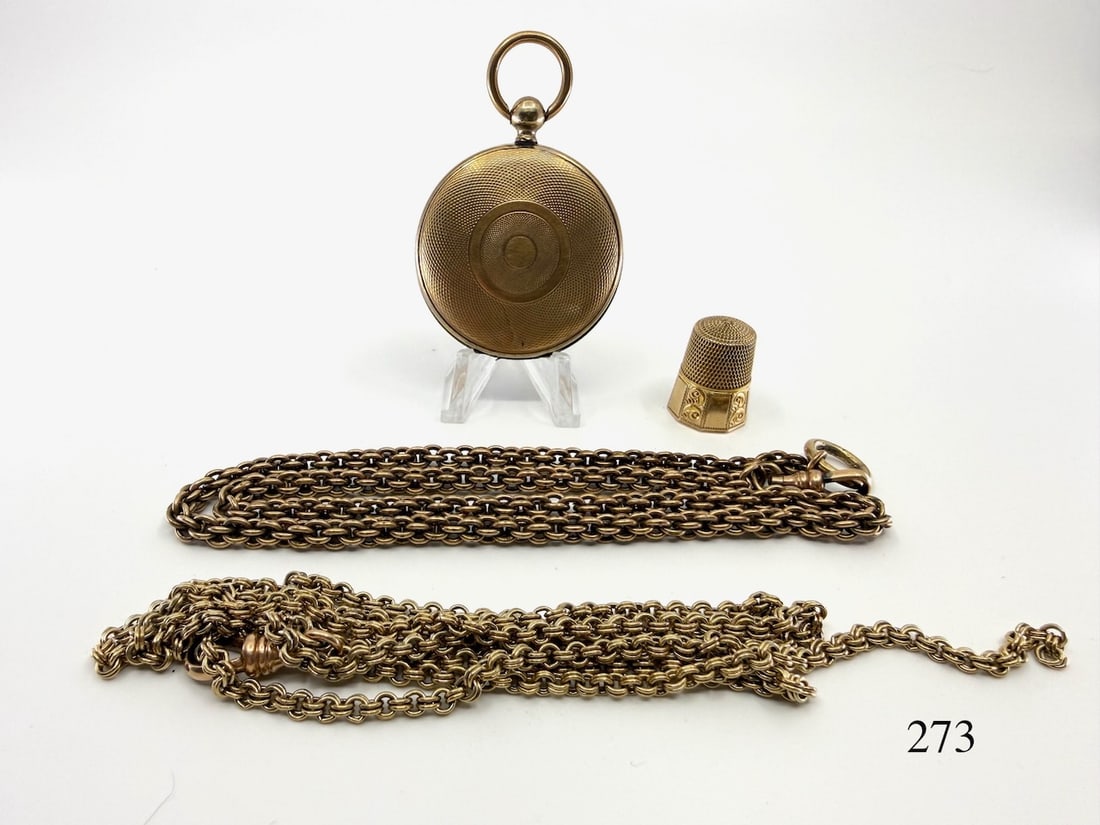 Large locket-(2) Pocket Watch Chains- Thimble: Pictures in locket, gold??, One Lot
