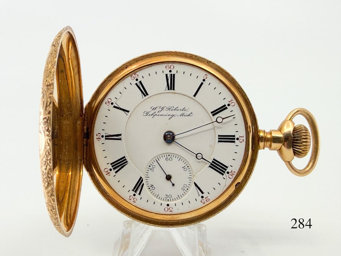 Hamilton 975 Pocket Watch: 16s, 17j, D.S. Jewelers mov. W.J. Roberts, Ishpeming, Mich., no. 375717, case no. 229761. 14k H.C. solid gold. Total Weight 97g