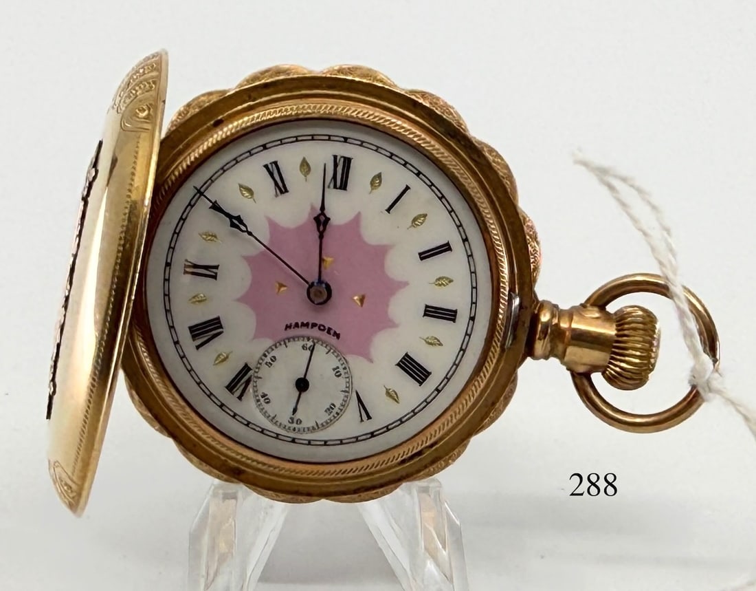 Hampden Pocket Watch: 6s, Fancy dial, no. 978484, Elgin hunter case no. 58363, not working, missing stone on back. 14k G.F. Total Weight 64.2g