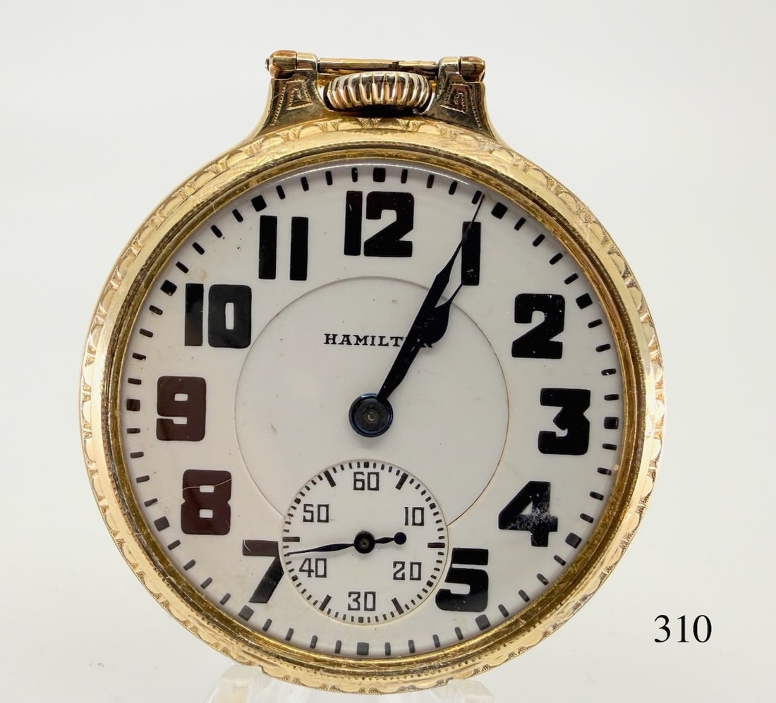 Hamilton 992E Pocket Watch: 16s, 21, adj. 5pos., gold center wheel, bar over crown. Np. 2603795, case no. 0987167. c1936