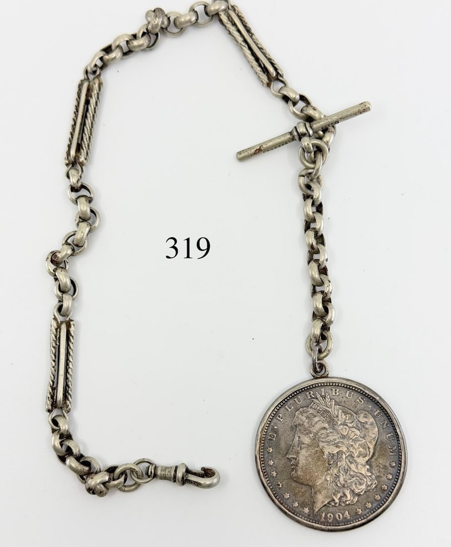 Watch Chain "1904" Morgan Silver Dollar": 14" Chain. Total Weight 57.3g