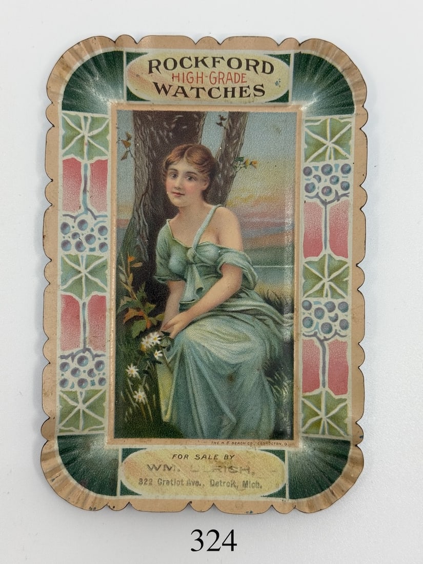 Rockford High-Grade Watches Tip-Tray: Dealer marked WM. Ulrich, 322 Gratiot Ave., Detroit, Mich., 3-1/4" x 4-3/4". C1890