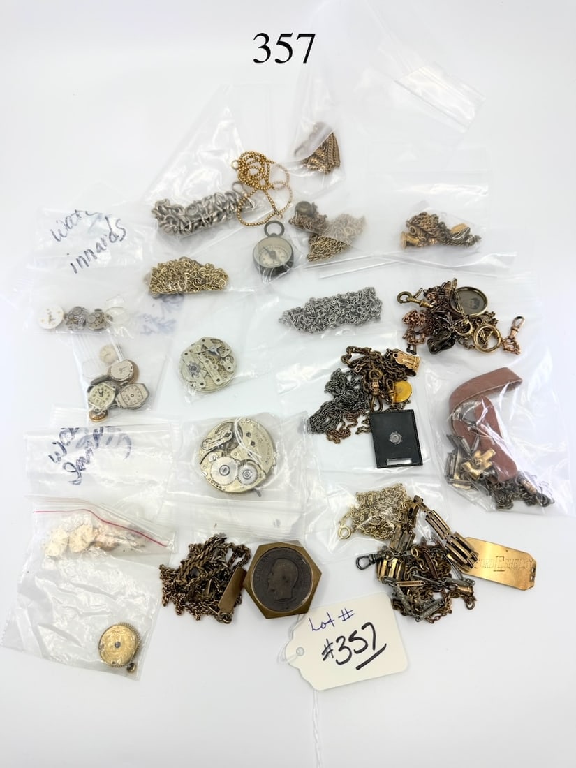 Group of Watch Parts and Chains: Includes paperweight ans Compass. One Lot