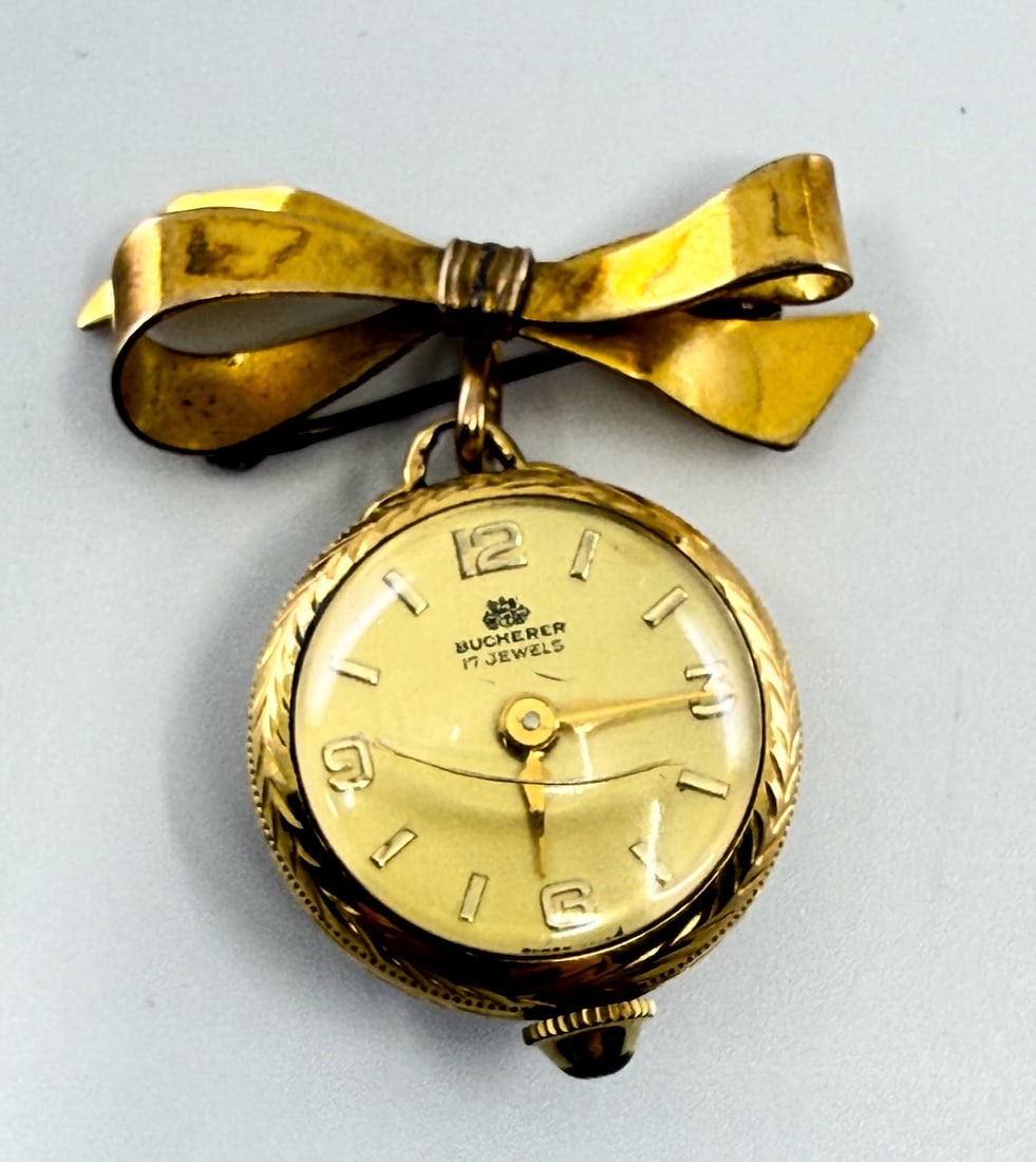 Bucherer Skeleton Ball Pendant Watch with pin: 17j, crystal cracked. Not running