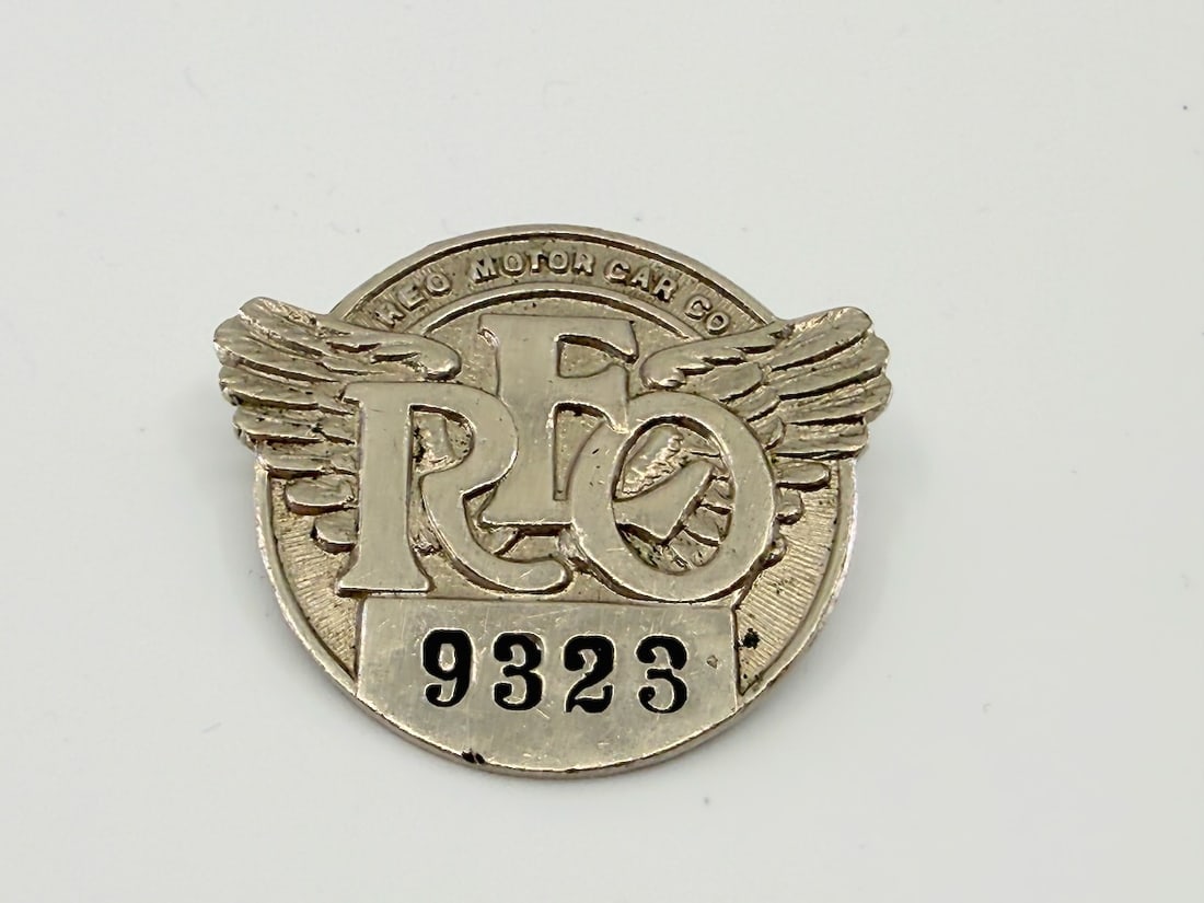 REO Motor Car Co. Employee Badge: Factory no. 9323, Mfg. by Whitehead & Hoard