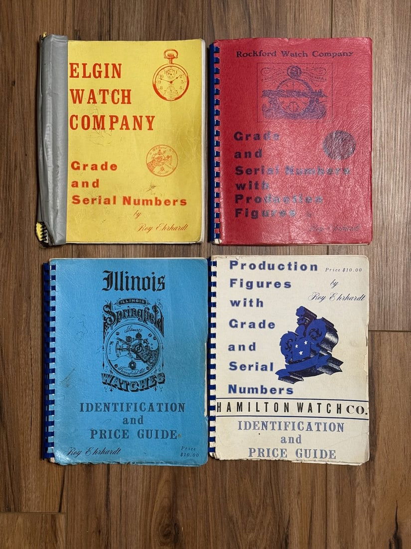 4 Pocket Watch Reference Books: Elgin Grade and Serial Numbers, Rockford Grad and Serial Numbers, Illinois Identification and Price Guide, and Hamilton Wathc Co. Grade and Serial Numbers. One Lot
