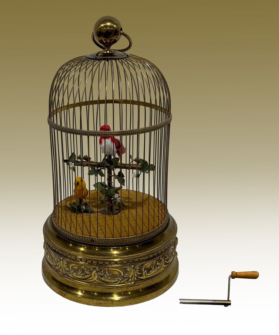 Singing Musical Bird Cage: Two birds, made in France, crank, measures approx. 19.5"h x 11 dia. working