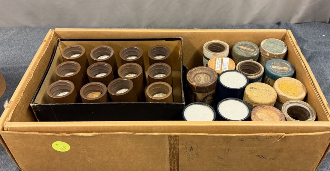 26 Brown Wax Cylinders: 24 in boxes have mold, The 12 in original box are excellent.