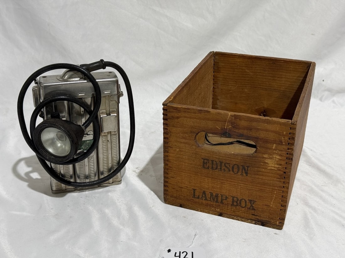 Edison Electric Cap lamp and Edison Lamp Box.: One Lot.