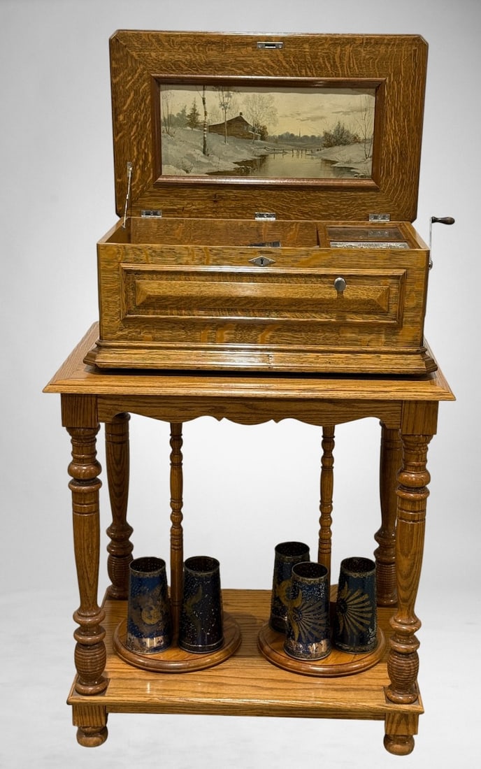 Rare Capital Cuff Style F "Duplex" Coin-op Music Box with Matching Carousel Oak Table (1 of 14)