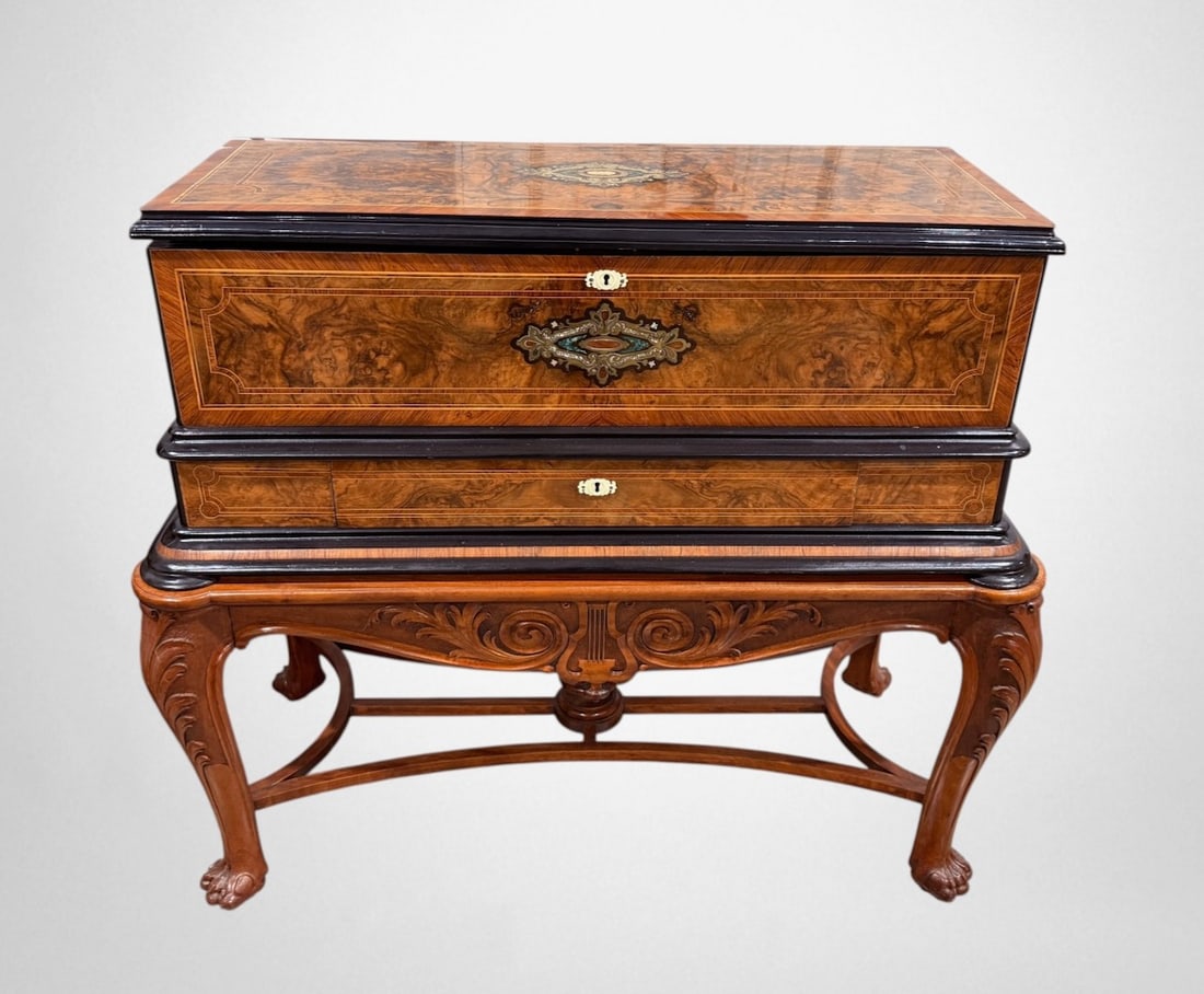 Fantastic Interchangeable Cylinder Music Box: 4 13" cylinders music box measures 40"w x 19" x 16" , with tale 42"w. 37-1/2"h