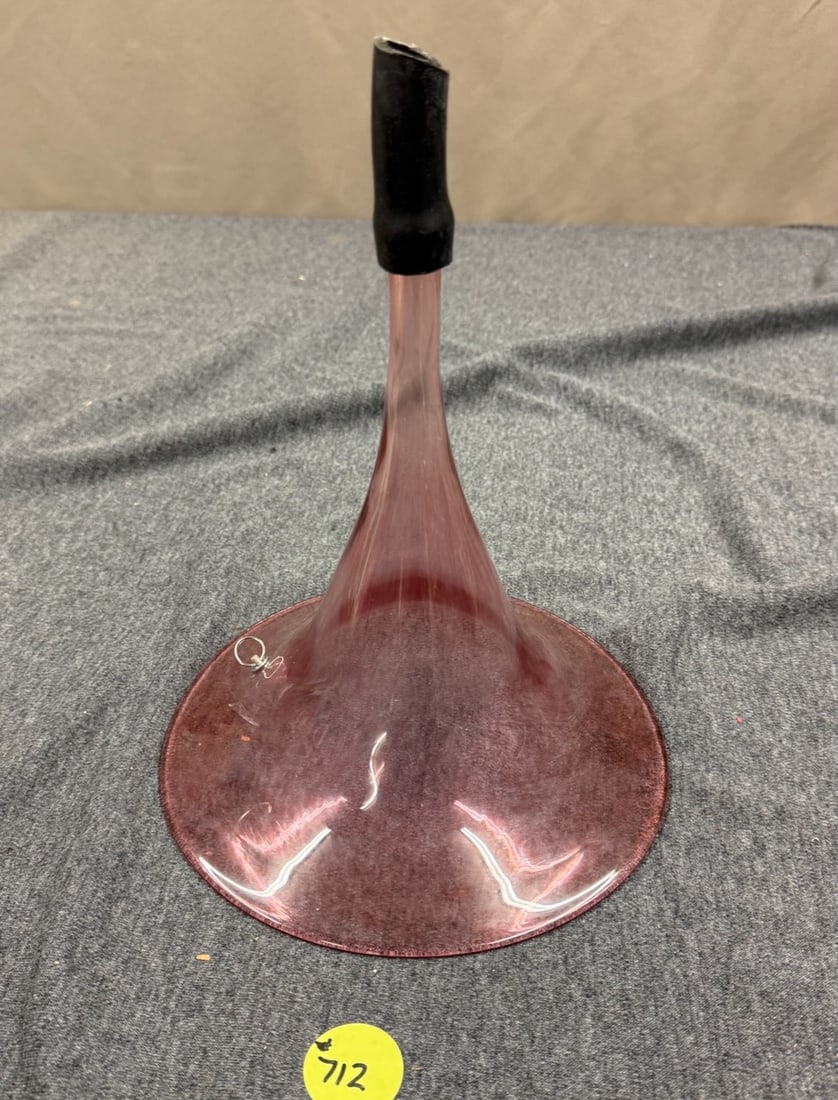 Glass Phonograph Horn: A smaller example in cranberry colored glass, 10x8.5" Signed and dated