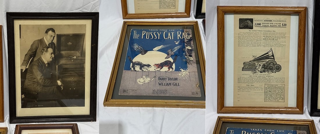 Group of Phonograph Advertising: Victor Factory photo of E. Caruso and A. Scott next to a victor upright. C.1915, Edison Home directions, 1906 Victor ad, and "Pussy Cat Rag" sheet music.