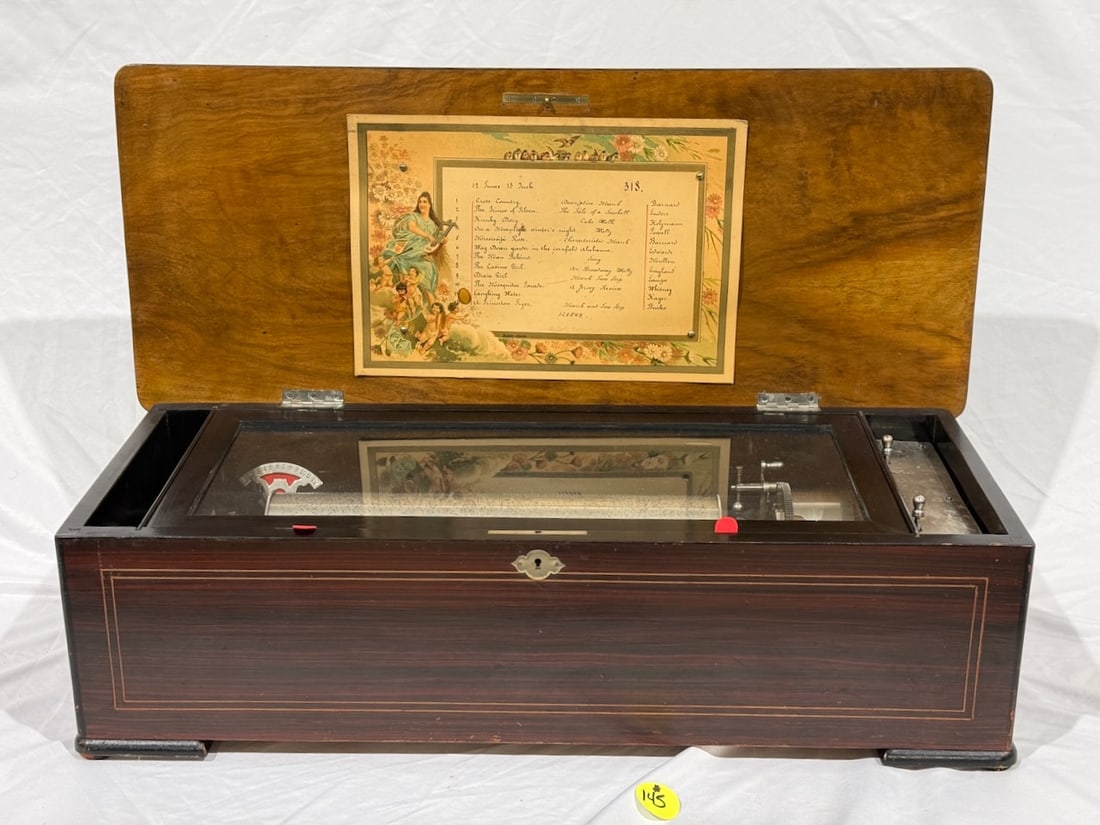 Swiss Cylinder Music Box: 13-3/4" cylinder, 12 tune, original tune card, Inlaid case. SN-125849