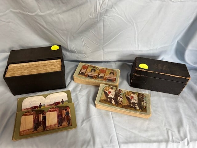 Antique Stereoscope Cards: Approximately 150 total; 1 box is Comic Cards; other box is War Cards
