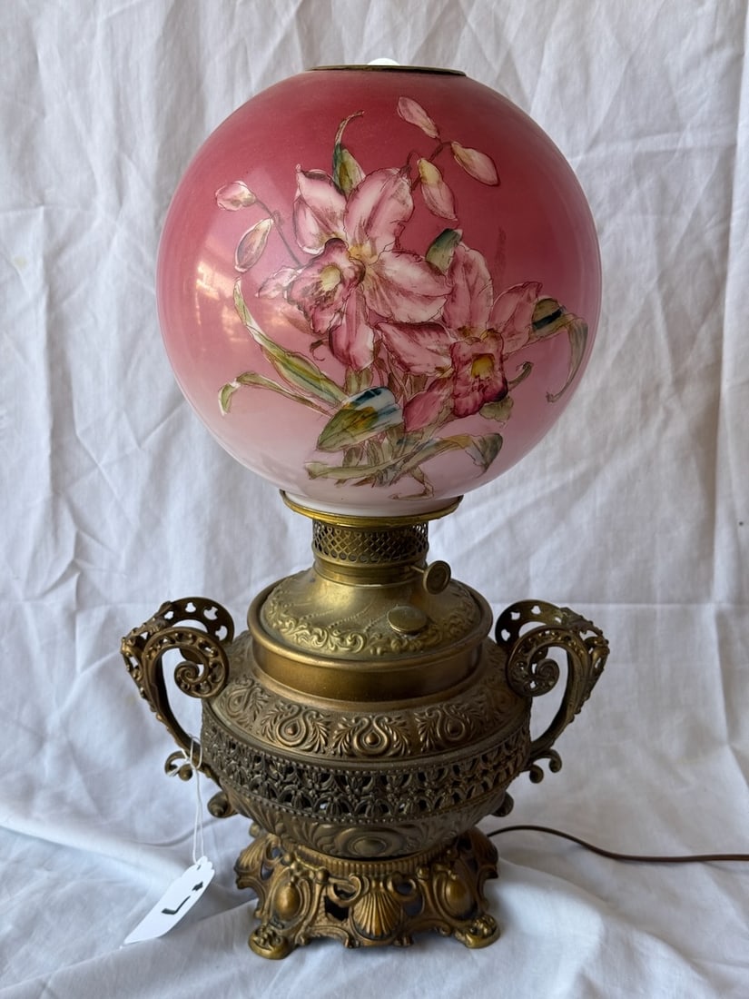 Antique Ball Shade Lamp: Brass Petina Base w/handles & floral decorated ball shade; 21" tall