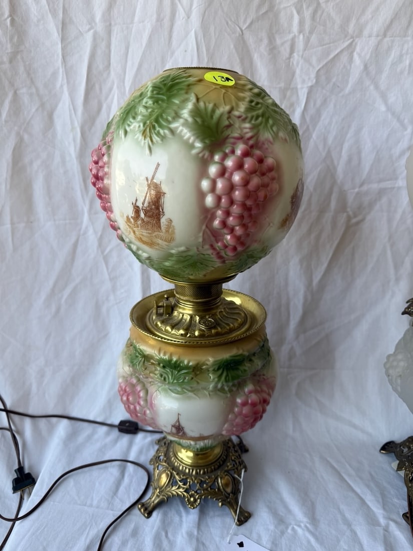 Excellent GWTW Lamp: Matching base & shade; embossed grape patterns w/painted panels; 24" tall