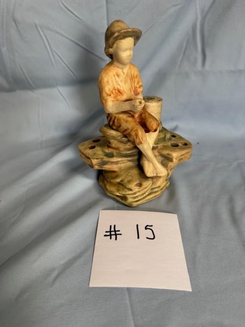 Weller Muskota Flower Frog: Depicting a Fishing Boy; 6-1/4"
