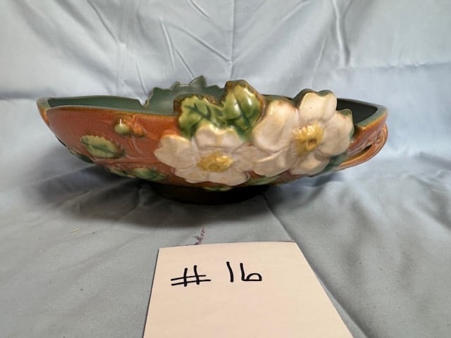 Roseville White Rose Console Bowl w/double handles: Marked "392-10"