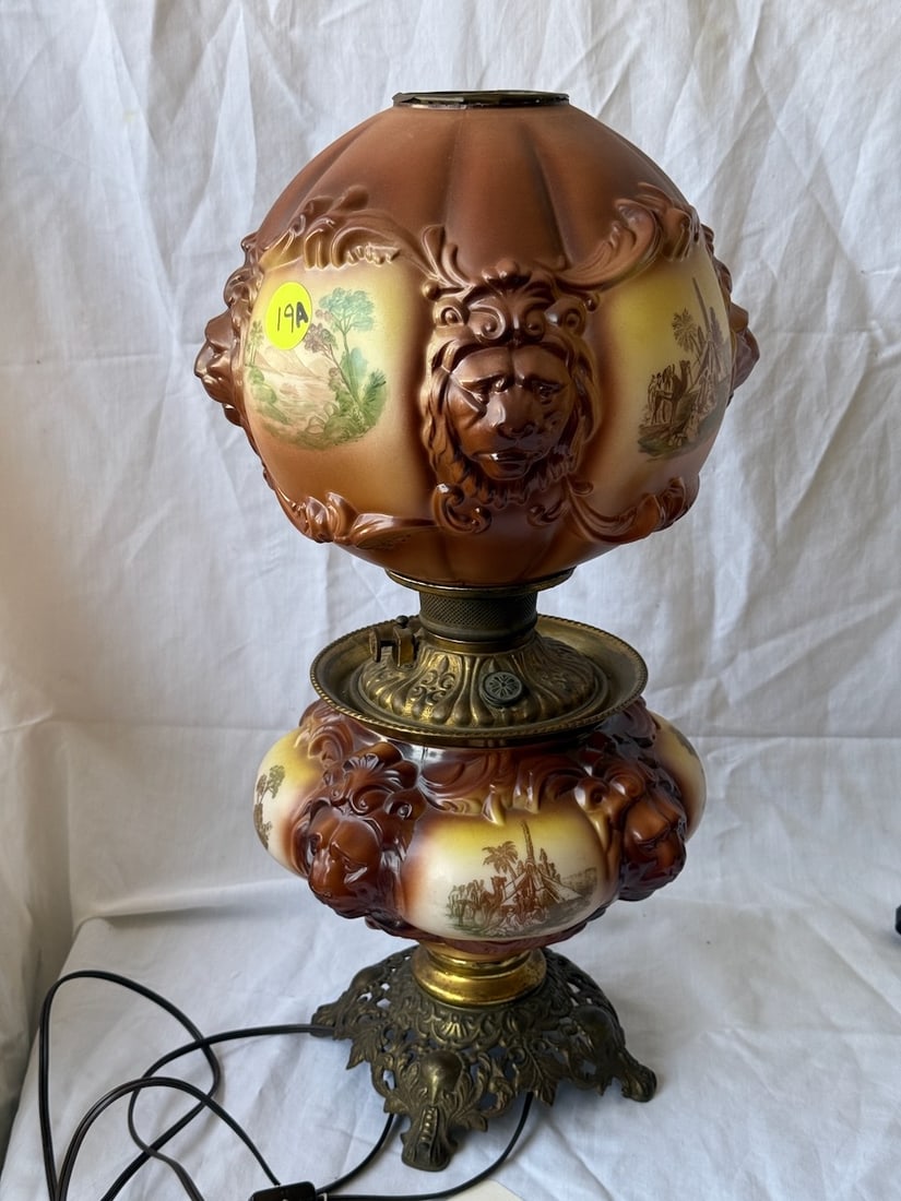 Excellent Decorated GWTW Lamp: Matching Shade & Base; Lion's Head & Painted Panels w/Camels, etc. 22"