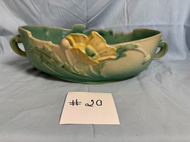 Roseville Large Console Bowl: Double handled; Poppy pattern; numbered 339-12