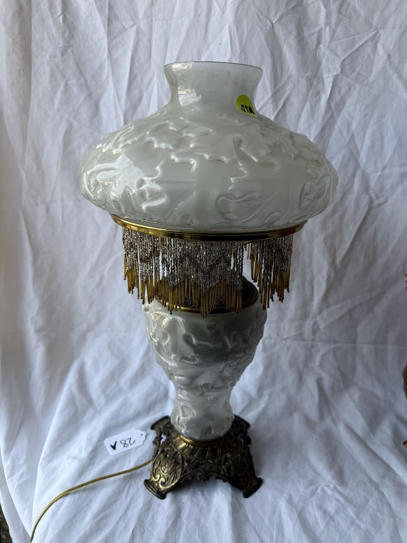 Antique Parlor Lamp: Embossed frosted base & half shade; fringed border; 23" tall
