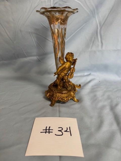 Antique Glass & Figural Base Vase: With Cherub & Violin; Glass insert is Gold Gilt